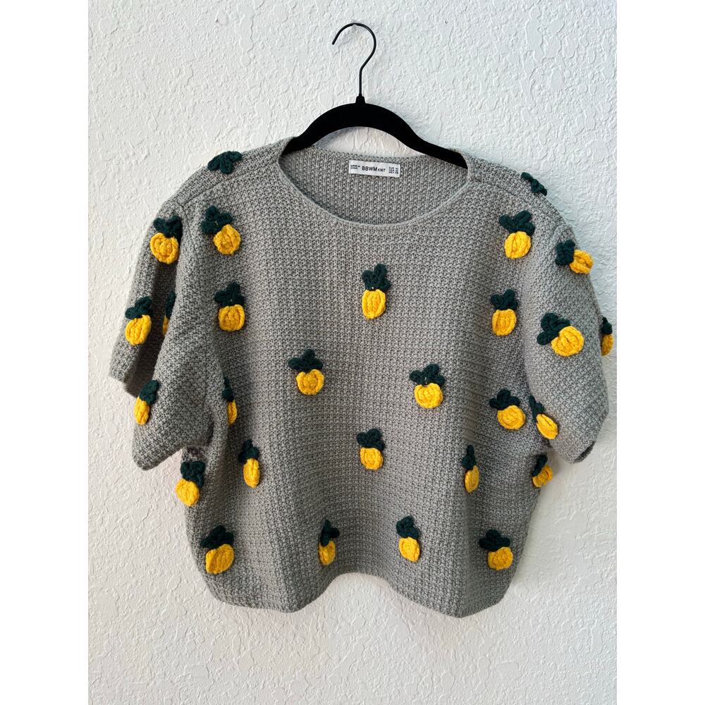 BBWM Knit Zara Embroidered Summer Pineapple Top Crop Gray Sweater Medium $60 M1